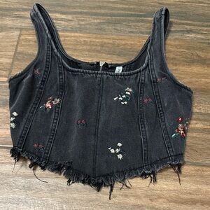 Embroidered Black Denim Crop Top